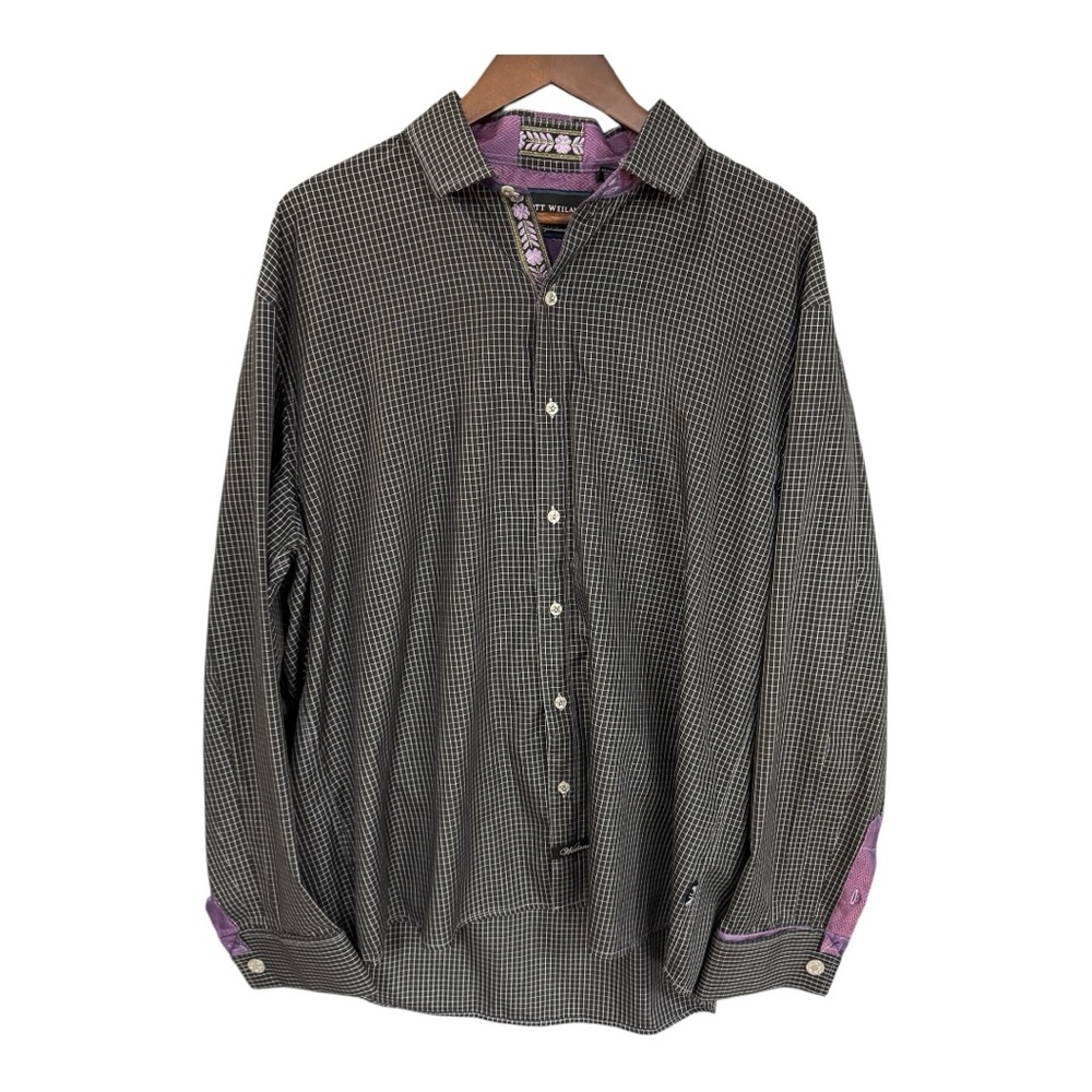 Scott Weiland The Collection Men's Black and Purple Checkered Dress Shirt XXL